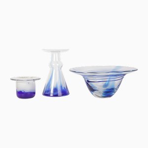 Blue Glass Bowl and Vase Set by Eva Svestkova for Crystalex Novy Bor, 1980s, Set of 3