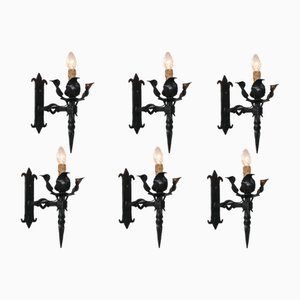 Antique Spanish Gothic Revival Wall Lights in Wrought Iron, 1920, Set of 6