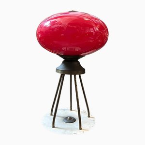 Mid-Century Modern Italian Brass and Red Glass Table Lamp, 1950s