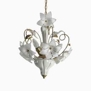 Lampadario veneziano a tre luci con fiori in vetro di Murano, anni '70