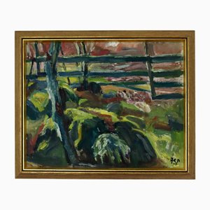 Gösta Asp, By the Fence, 1960s, Huile sur Toile, Encadré