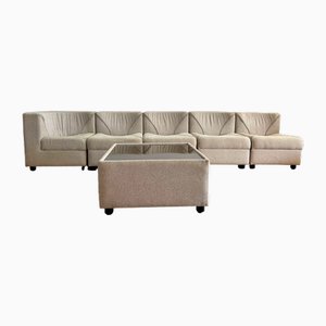 Vintage Modular Armchairs and Coffee Table in Beige and Brown Wool, Germany, 1970s, Set of 6