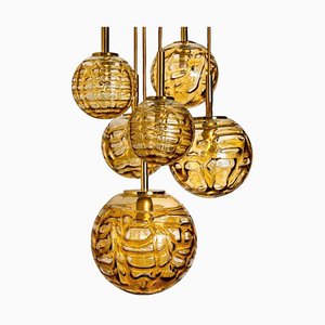 Lámpara en cascada con seis esferas de cristal de Murano amarillo, años 60