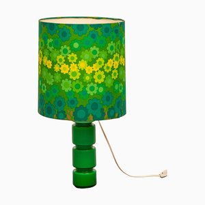 Lampada da tavolo in vetro opalino verde con paralume floreale in lino di Holmegaard, anni '70