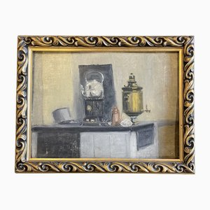 Russian Still Life with Samovar, 1800s, Oil on Canvas, Framed