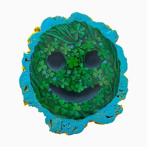 Happy Face Emoticon on Cork Wood with Clover and Blue Accents