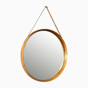 Italian Round Wall Mirror with Light Teak Frame & Leather Hook for Posting, 1960s