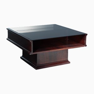 Mesa de centro vintage de caoba con tablero de vidrio, años 70