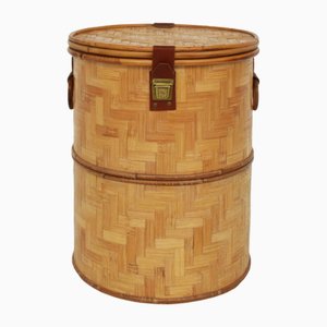 Italian Closed Rattan Basket with Leather Details, 1973