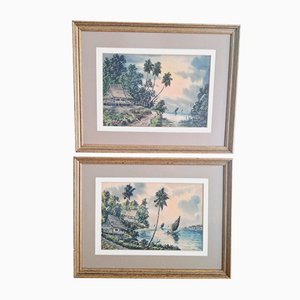Munir, Tropische Landschaften, 1950er, Aquarell, Gerahmt, 2er Set