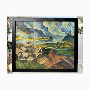 Pintura de fábrica expresionista grande, Polonia, hacia 1910-1920, 78 x 65 cm