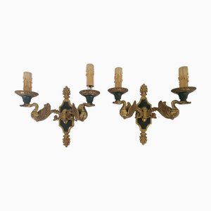 Apliques de pared Swan de bronce de Lucien Gau, años 60. Juego de 2