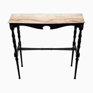 Mid-Century Italian Black Wood Brass Wall Console Table with Marble Top, 1950s