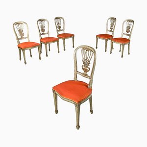 Antique Italian Green and Gold Wooden Chairs with Orange Cushions, 1700s, Set of 6