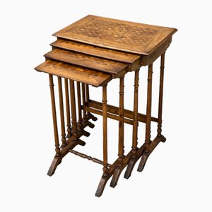 Tables Gigognes en Parqueterie et Marqueterie Florale en Noyer, France, 1910, Set de 4