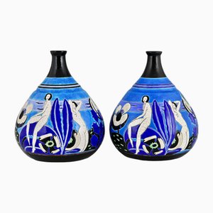 Art Deco Keramikvasen mit Nudes Baigneuses von Longwy Primavera, 1925, 2er Set