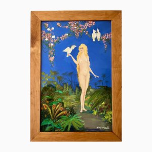 André Delcourt, Desnudo con loros en paisaje tropical, 1930, Gouache