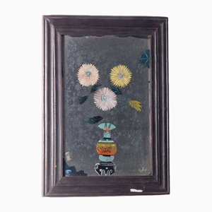 Artiste chinois, Vase et Fleurs, 1890, Peinture sur Verre à l'envers