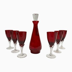Mid-Century Crystal Decanter Ruby ​​glass Liqueur Set, Czech Republic, Set of 7