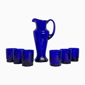 Set da liquore Mid-Century in vetro cobalto, Repubblica Ceca, set di 7
