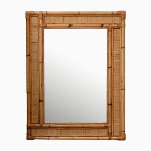 Italian Rectangular Mirror with Bamboo and Cane Fabric Frame, 1970