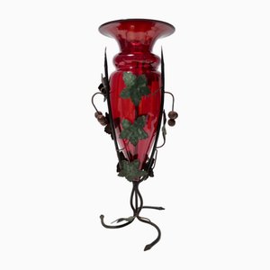 Ruby Red Murano Glass Vase with Iron Grape Vines by Umberto Bellotto, 1930s