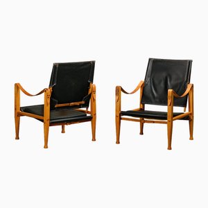 Set of Safari Chairs in Black Leather and Ash by Kaare Klint for Rud Rasmussen