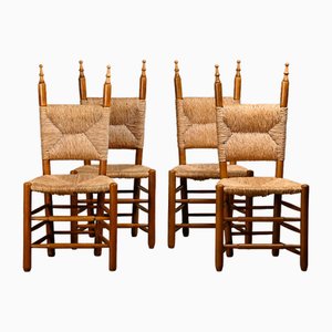 Spanish Brutalist Rustic Dining Chairs in Oak and Rush, Set of 4