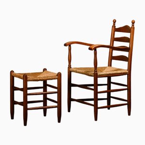 Set of Rustic Armchair and Stool in Stained Oak and Rush, 1950s