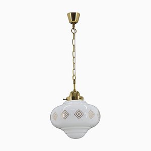Glass Pendant Light with Brass Chain, Czechoslovakia, 1970s
