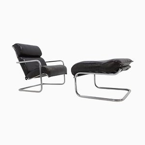 Verchromter Ledersessel mit Fußhocker, 1950er, 2er Set