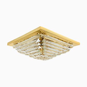Square Clear Crystal and Gold Plated Pyramid Flush Mount attributed to Venini, 1970
