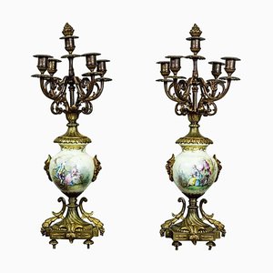 Antique Four-Arm Candelabra with Porcelain and Brass Details, 1890s, Set of 2