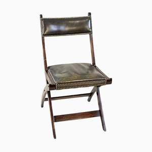 Vintage Klappstuhl aus Nussholz mit dunkelgrünem Leder, 1950er