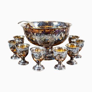 Scodella e tazze vintage placcate in argento, anni '30, set di 9