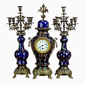 Antique Sapphire Ceramic Mantel Clock Set with Brass Elements, 1890s, Set of 3