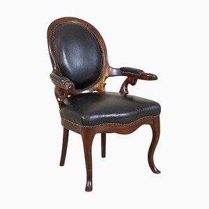 Poltrona in mogano in pelle nera, fine XIX secolo, fine XIX secolo