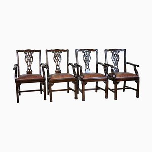 Late-19th Century English Walnut Chairs with Leather Upholstery, 1920s, Set of 4