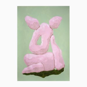 Ryan Rivadeneyra, Pink Sculptures on Green, Acrylic on Paper, 2024