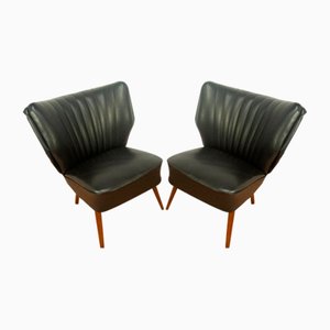 Cocktailsessel aus Buche & Schwarzem Kunstleder, 1950er, 2er Set