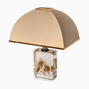 Abgeschrägte Acrylglas Tischlampe mit Disteln und Seidenschirm von Pierre Giraudon, 1970er