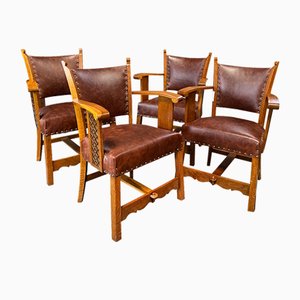 Vintage Stühle aus Eiche mit Lederbezug, 1930er, 4er Set