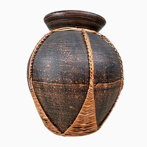 Earthenware Jar Vase with Bamboo Wickerwork, 1920s