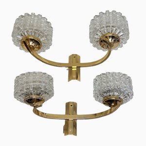 Lampade da parete doppie in ottone e vetro nello stile di Lidokov, Francia, anni '60, set di 2