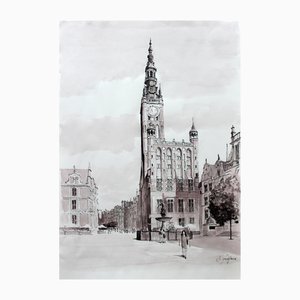 Mariusz Szałajdewicz, Gdańsk: The Town Hall and Fountain of Neptune, Drawing on Paper