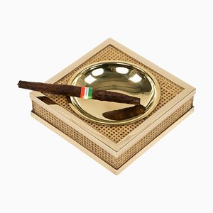Mid-Century Ashtray in Acrylic Glass, Rattan & Chrome in the style of Christian Dior, Italy, 1970s