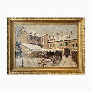 Christian Axtmann, Snowy Farm in Switzerland, óleo sobre lienzo, 1918, enmarcado