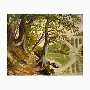 A. Savary, Riva del fiume, Olio su tela, XX secolo
