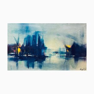 Sergio Cecchi, Escena azul marino, óleo sobre lienzo, años 60