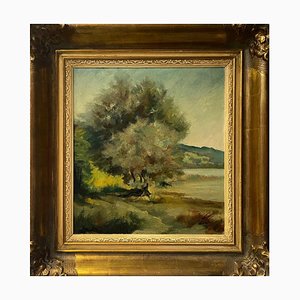 Hans Hotz, Árbol junto al lago, óleo sobre cartón
